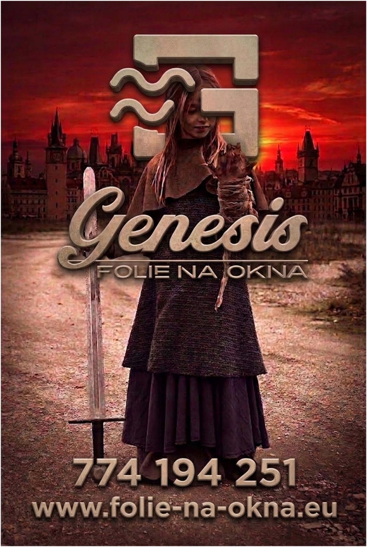 Žena v temných šatech stojí na cestě před městem, nad ní nápis FOLIE NA OKNA.