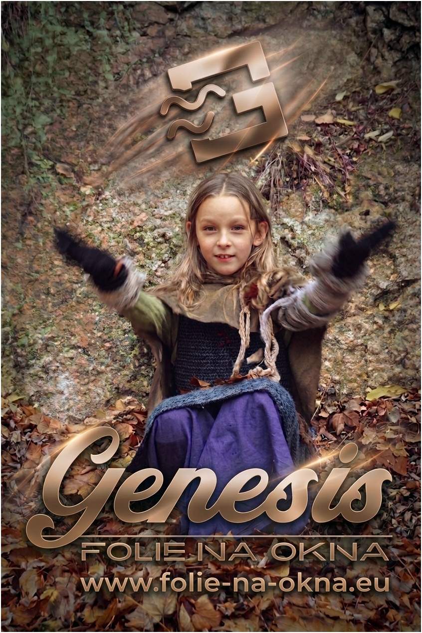 Usměvavé dítě s roztaženýma rukama na podzimním pozadí, přes něj zlatý nápis „Genesis“.