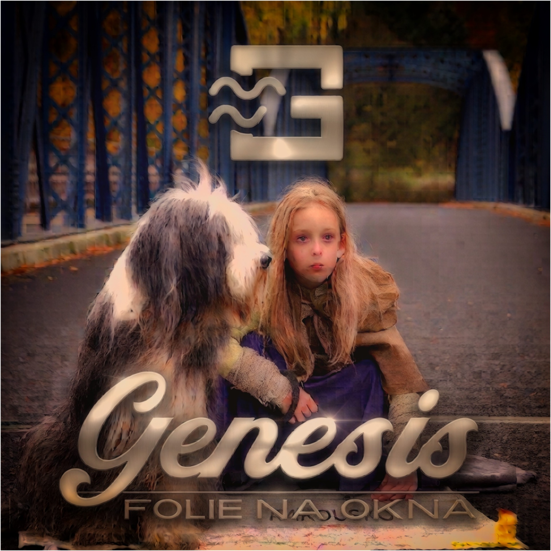 Dívka s dlouhými vlasy se psem na ulici, přes obraz svítí nápis „GENESIS“ a „Folie Na okna“.